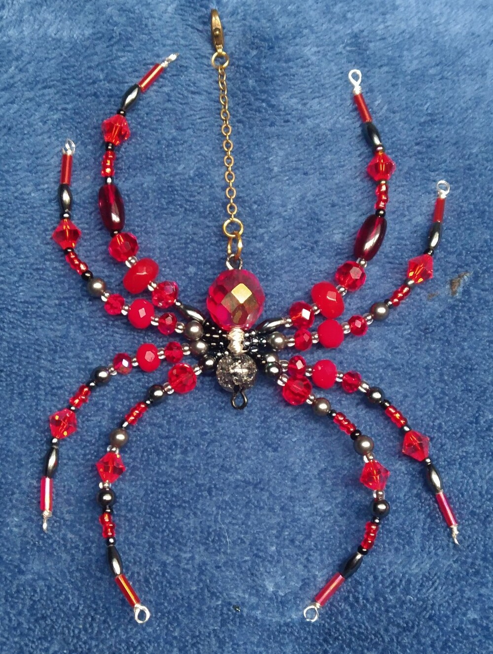 Handcrafted • Red & Dark Grey Beaded Spider Pendant